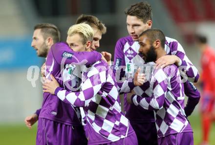 Fussball Regionalliga. SK Austria Klagenfurt gegen SAK. Torjubel Patrik Eler, Rajko Rep, Tyrone Marcel Mc Cargo, Bernd Kager (Austria Klagenfurt). Klagenfurt, 20.3.2015
Foto: Kuess 
---
pressefotos, pressefotografie, kuess, qs, qspictures, sport, bild, bilder, bilddatenbank