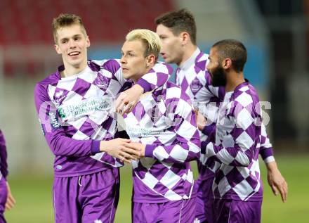 Fussball Regionalliga. SK Austria Klagenfurt gegen SAK. Torjubel Patrik Eler, Rajko Rep, Tyrone Marcel Mc Cargo, Bernd Kager (Austria Klagenfurt). Klagenfurt, 20.3.2015
Foto: Kuess 
---
pressefotos, pressefotografie, kuess, qs, qspictures, sport, bild, bilder, bilddatenbank