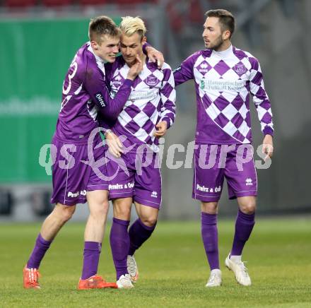 Fussball Regionalliga. SK Austria Klagenfurt gegen SAK. Torjubel Patrik Eler, Rajko Rep, Ali Hamdemir (Austria Klagenfurt). Klagenfurt, 20.3.2015
Foto: Kuess 
---
pressefotos, pressefotografie, kuess, qs, qspictures, sport, bild, bilder, bilddatenbank