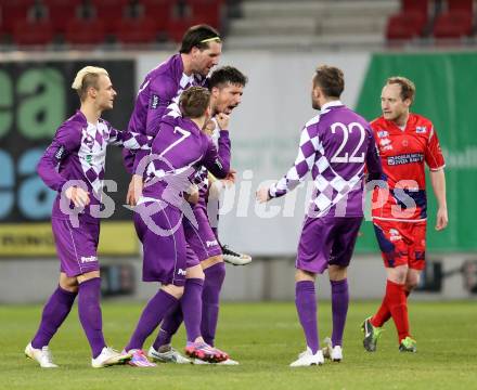 Fussball Regionalliga. SK Austria Klagenfurt gegen SAK. Torjubel Fabian Miesenboeck, Marko Dusak, Sandro Zakany, Rajko Rep, Ali Hamdemir (Austria Klagenfurt). Klagenfurt, 20.3.2015
Foto: Kuess 
---
pressefotos, pressefotografie, kuess, qs, qspictures, sport, bild, bilder, bilddatenbank