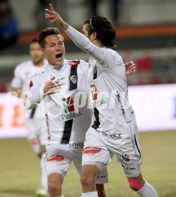 Fussball Bundesliga. RZ Pellets WAC gegen FC Red Bull Salzburg. Torjubel Jacobo Ynclan, Rene Seebacher (WAC). Wolfsberg, am 21.3.2015.
Foto: Kuess

---
pressefotos, pressefotografie, kuess, qs, qspictures, sport, bild, bilder, bilddatenbank