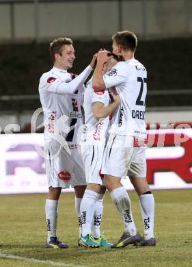 Fussball Bundesliga. RZ Pellets WAC gegen FC Red Bull Salzburg. Jubel Manuel Kerhe, Drescher Daniel (WAC). Wolfsberg, am 21.3.2015.
Foto: Kuess

---
pressefotos, pressefotografie, kuess, qs, qspictures, sport, bild, bilder, bilddatenbank