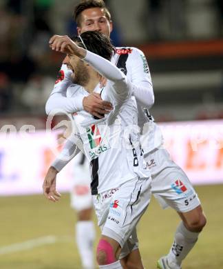 Fussball Bundesliga. RZ Pellets WAC gegen FC Red Bull Salzburg. Torjubel Jacobo Ynclan, Rene Seebacher (WAC). Wolfsberg, am 21.3.2015.
Foto: Kuess

---
pressefotos, pressefotografie, kuess, qs, qspictures, sport, bild, bilder, bilddatenbank