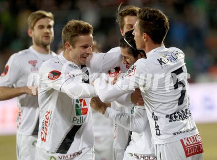 Fussball Bundesliga. RZ Pellets WAC gegen FC Red Bull Salzburg. Torjubel Jacobo Ynclan, Rene Seebacher (WAC). Wolfsberg, am 21.3.2015.
Foto: Kuess

---
pressefotos, pressefotografie, kuess, qs, qspictures, sport, bild, bilder, bilddatenbank