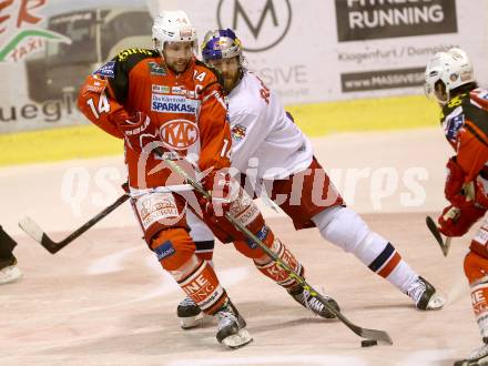 EBEL. Eishockey Bundesliga. KAC gegen EC Red Bull Salzburg. Johannes Reichel, (KAC), Thomas Raffl  (Salzburg). Klagenfurt, am 24.3.2015.
Foto: Kuess 

---
pressefotos, pressefotografie, kuess, qs, qspictures, sport, bild, bilder, bilddatenbank