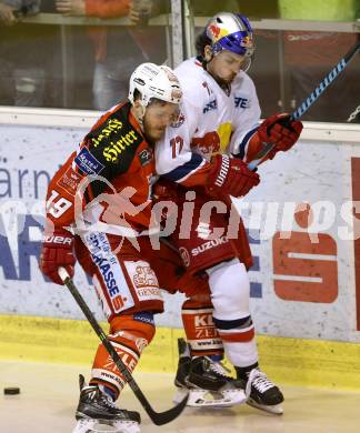 EBEL. Eishockey Bundesliga. KAC gegen EC Red Bull Salzburg. Stephan Geier,  (KAC),  Florian Muehlstein (Salzburg). Klagenfurt, am 24.3.2015.
Foto: Kuess 

---
pressefotos, pressefotografie, kuess, qs, qspictures, sport, bild, bilder, bilddatenbank