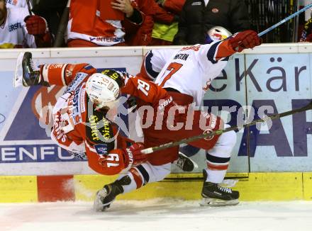 EBEL. Eishockey Bundesliga. KAC gegen EC Red Bull Salzburg. Stephan Geier,  (KAC),  Florian Muehlstein (Salzburg). Klagenfurt, am 24.3.2015.
Foto: Kuess 

---
pressefotos, pressefotografie, kuess, qs, qspictures, sport, bild, bilder, bilddatenbank