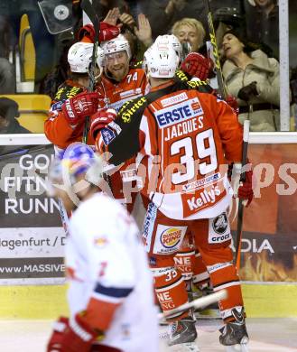 EBEL. Eishockey Bundesliga. KAC gegen EC Red Bull Salzburg.  Torjubel Johannes Reichel, Jamie Lundmark, Jean Francois Jacques, Jason Desantis (KAC). Klagenfurt, am 24.3.2015.
Foto: Kuess 

---
pressefotos, pressefotografie, kuess, qs, qspictures, sport, bild, bilder, bilddatenbank