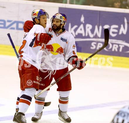 EBEL. Eishockey Bundesliga. KAC gegen EC Red Bull Salzburg.  Torjubel John Hughes, Dominique Heinrich  (Salzburg). Klagenfurt, am 24.3.2015.
Foto: Kuess 

---
pressefotos, pressefotografie, kuess, qs, qspictures, sport, bild, bilder, bilddatenbank