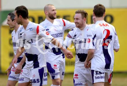 Fussball Regionalliga. SAK gegen BW Linz.  Torjubel Darijo Biscan, Murat Veliu, Christian Dlopst (SAK). Welzenegg, am 27.3.2015.
Foto: Kuess
---
pressefotos, pressefotografie, kuess, qs, qspictures, sport, bild, bilder, bilddatenbank