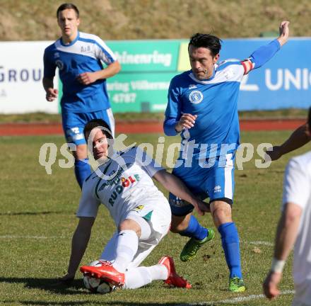 Fussball Kaerntner Liga. Voelkermarkt gegen Annabichler SV.  Fabian Ladinig, (Voelkermarkt), Almedin Hota (ASV). Voelkermarkt , am 28.3.2015.
Foto: Kuess
---
pressefotos, pressefotografie, kuess, qs, qspictures, sport, bild, bilder, bilddatenbank