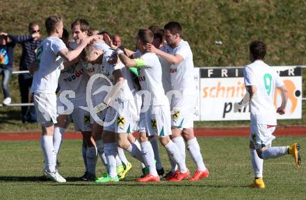 Fussball Kaerntner Liga. Voelkermarkt gegen Annabichler SV.  Torjubel Voelkermarkt. Voelkermarkt , am 28.3.2015.
Foto: Kuess
---
pressefotos, pressefotografie, kuess, qs, qspictures, sport, bild, bilder, bilddatenbank