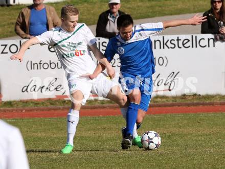 Fussball Kaerntner Liga. Voelkermarkt gegen Annabichler SV.  Daniel Ulrich Primusch,  (Voelkermarkt), Abian Jose Serrano Davila (ASV). Voelkermarkt , am 28.3.2015.
Foto: Kuess
---
pressefotos, pressefotografie, kuess, qs, qspictures, sport, bild, bilder, bilddatenbank