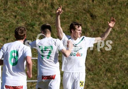 Fussball Kaerntner Liga. Voelkermarkt gegen Annabichler SV.  Torjubel Fabian Schubert (Voelkermarkt). Voelkermarkt , am 28.3.2015.
Foto: Kuess
---
pressefotos, pressefotografie, kuess, qs, qspictures, sport, bild, bilder, bilddatenbank