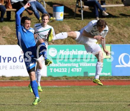 Fussball Kaerntner Liga. Voelkermarkt gegen Annabichler SV.  Christopher Sauerschnig,  (Voelkermarkt), Almedin Hota (ASV). Voelkermarkt , am 28.3.2015.
Foto: Kuess
---
pressefotos, pressefotografie, kuess, qs, qspictures, sport, bild, bilder, bilddatenbank