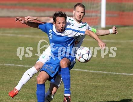 Fussball Kaerntner Liga. Voelkermarkt gegen Annabichler SV.  Mario Presterl, (Voelkermarkt), Matthias Dollinger  (ASV). Voelkermarkt , am 28.3.2015.
Foto: Kuess
---
pressefotos, pressefotografie, kuess, qs, qspictures, sport, bild, bilder, bilddatenbank