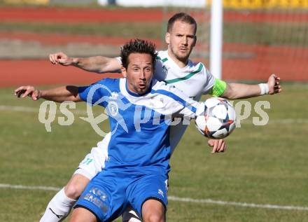 Fussball Kaerntner Liga. Voelkermarkt gegen Annabichler SV.  Mario Presterl, (Voelkermarkt), Matthias Dollinger  (ASV). Voelkermarkt , am 28.3.2015.
Foto: Kuess
---
pressefotos, pressefotografie, kuess, qs, qspictures, sport, bild, bilder, bilddatenbank