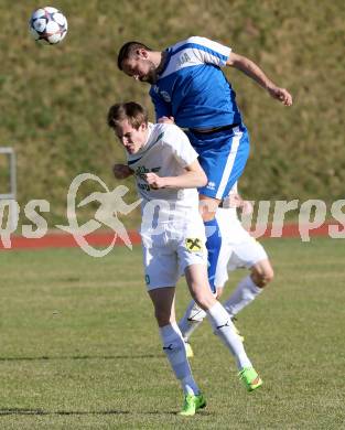 Fussball Kaerntner Liga. Voelkermarkt gegen Annabichler SV.  Fabian Schubert, (Voelkermarkt), Oliver Pusztai   (ASV). Voelkermarkt , am 28.3.2015.
Foto: Kuess
---
pressefotos, pressefotografie, kuess, qs, qspictures, sport, bild, bilder, bilddatenbank