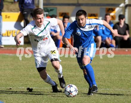 Fussball Kaerntner Liga. Voelkermarkt gegen Annabichler SV.  Ingo Mailaender, (Voelkermarkt),  Abian Jose Serrano Davila  (ASV). Voelkermarkt, am 28.3.2015.
Foto: Kuess
---
pressefotos, pressefotografie, kuess, qs, qspictures, sport, bild, bilder, bilddatenbank