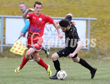 Fussball Kaerntner Liga. Koettmannsdorf gegen Lendorf. Stephan Buergler,  (Koettmannsdorf). Alexander Kruse (Lendorf). Koettmannsdorf, am 29.3.2015.
Foto: Kuess
---
pressefotos, pressefotografie, kuess, qs, qspictures, sport, bild, bilder, bilddatenbank