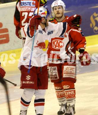 EBEL. Eishockey Bundesliga. KAC gegen EC Red Bull Salzburg. Torjubel John Hughes (Salzburg). Klagenfurt, am 29.3.2015.
Foto: Kuess 

---
pressefotos, pressefotografie, kuess, qs, qspictures, sport, bild, bilder, bilddatenbank