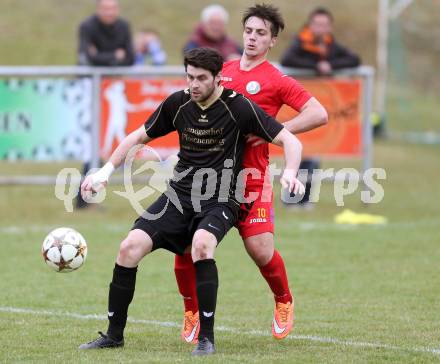 Fussball Kaerntner Liga. Koettmannsdorf gegen Lendorf. Stephan Buergler,  (Koettmannsdorf). Julian Mataln (Lendorf). Koettmannsdorf, am 29.3.2015.
Foto: Kuess
---
pressefotos, pressefotografie, kuess, qs, qspictures, sport, bild, bilder, bilddatenbank