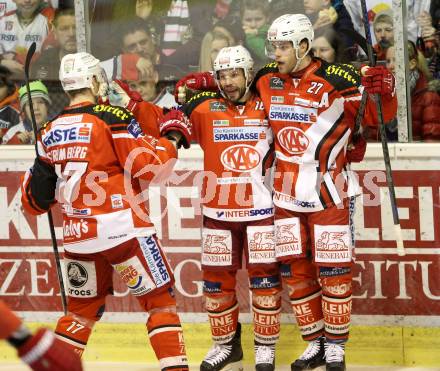 EBEL. Eishockey Bundesliga. KAC gegen EC Red Bull Salzburg. Torjubel Thomas Koch, Thomas Hundertpfund, Kim Stroemberg (KAC). Klagenfurt, am 29.3.2015.
Foto: Kuess 

---
pressefotos, pressefotografie, kuess, qs, qspictures, sport, bild, bilder, bilddatenbank