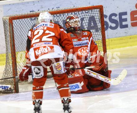 EBEL. Eishockey Bundesliga. KAC gegen EC Red Bull Salzburg. Thomas Poeck, Rene Swette (KAC). Klagenfurt, am 29.3.2015.
Foto: Kuess 

---
pressefotos, pressefotografie, kuess, qs, qspictures, sport, bild, bilder, bilddatenbank