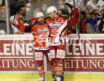 EBEL. Eishockey Bundesliga. KAC gegen EC Red Bull Salzburg. Torjubel Thomas Koch, Thomas Hundertpfund, (KAC). Klagenfurt, am 29.3.2015.
Foto: Kuess 

---
pressefotos, pressefotografie, kuess, qs, qspictures, sport, bild, bilder, bilddatenbank