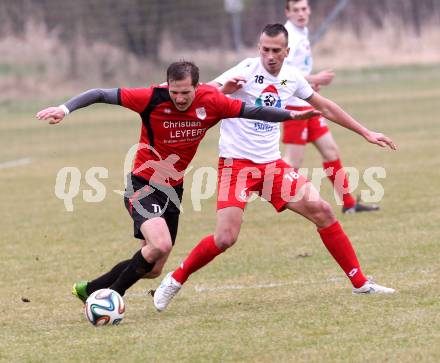 Fussball. Kaerntner Liga. Maria Saal gegen FC Alpe Adria. Rok Smid (Maria Saal), Miroslav Grbic (Alpe Adria). Maria Saal, 4.4.2015.
Foto: Kuess
---
pressefotos, pressefotografie, kuess, qs, qspictures, sport, bild, bilder, bilddatenbank