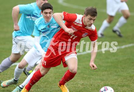 Fussball Unterliga Ost. KAC 1909 gegen St. Margarethen/Lavantal. Lukas Lausegger,  (KAC), Dorian Baumgartner (St. Margarethen). Klagenfurt, am 4.4.2015.
Foto: Kuess
---
pressefotos, pressefotografie, kuess, qs, qspictures, sport, bild, bilder, bilddatenbank