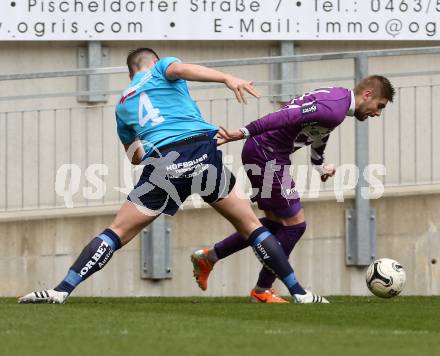 Fussball Regionalliga. SK Austria Klagenfurt gegen Gurten. Armend Spreco, (Klagenfurt),  Thomas Reiter (Gurten). Klagenfurt,  4.4.2015.
Foto: Kuess
---
pressefotos, pressefotografie, kuess, qs, qspictures, sport, bild, bilder, bilddatenbank