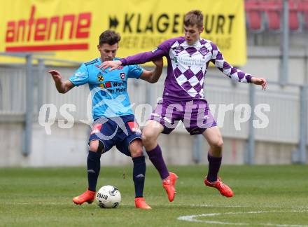 Fussball Regionalliga. SK Austria Klagenfurt gegen Gurten. Patrik Eler,  (Klagenfurt),  Simon Schnaitter (Gurten). Klagenfurt,  4.4.2015.
Foto: Kuess
---
pressefotos, pressefotografie, kuess, qs, qspictures, sport, bild, bilder, bilddatenbank