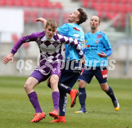 Fussball Regionalliga. SK Austria Klagenfurt gegen Gurten. Patrik Eler, (Klagenfurt),  Simon Schnaitter  (Gurten). Klagenfurt,  4.4.2015.
Foto: Kuess
---
pressefotos, pressefotografie, kuess, qs, qspictures, sport, bild, bilder, bilddatenbank