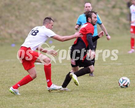 Fussball. Kaerntner Liga. Maria Saal gegen FC Alpe Adria. Roland Krenn (Maria Saal), Miroslav Grbic (Alpe Adria). Maria Saal, 4.4.2015.
Foto: Kuess
---
pressefotos, pressefotografie, kuess, qs, qspictures, sport, bild, bilder, bilddatenbank