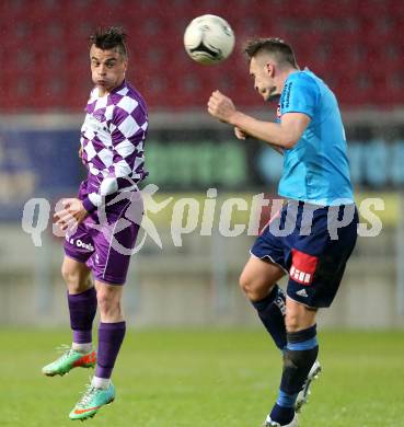 Fussball Regionalliga. SK Austria Klagenfurt gegen Gurten. Vedran Vinko,  (Klagenfurt), Thomas Reiter (Gurten). Klagenfurt,  4.4.2015.
Foto: Kuess
---
pressefotos, pressefotografie, kuess, qs, qspictures, sport, bild, bilder, bilddatenbank