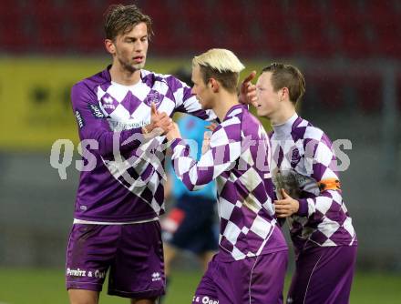 Fussball Regionalliga. SK Austria Klagenfurt gegen Gurten. Torjubel Rajko Rep, Marco Leiniger, Fabian Miesenboeck (Klagenfurt). Klagenfurt,  4.4.2015.
Foto: Kuess
---
pressefotos, pressefotografie, kuess, qs, qspictures, sport, bild, bilder, bilddatenbank