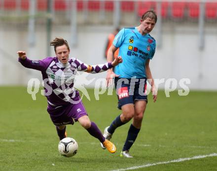 Fussball Regionalliga. SK Austria Klagenfurt gegen Gurten. Fabien Miesenboeck,  (Klagenfurt),  Fabian Wimmerleitner (Gurten). Klagenfurt,  4.4.2015.
Foto: Kuess
---
pressefotos, pressefotografie, kuess, qs, qspictures, sport, bild, bilder, bilddatenbank