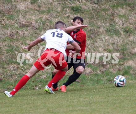 Fussball. Kaerntner Liga. Maria Saal gegen FC Alpe Adria. Zsolt Vari (Maria Saal), Miroslav Grbic (Alpe Adria). Maria Saal, 4.4.2015.
Foto: Kuess
---
pressefotos, pressefotografie, kuess, qs, qspictures, sport, bild, bilder, bilddatenbank