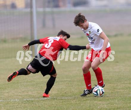 Fussball. Kaerntner Liga. Maria Saal gegen FC Alpe Adria. Zsolt Vari (Maria Saal), Antonio Vavpic (Alpe Adria). Maria Saal, 4.4.2015.
Foto: Kuess
---
pressefotos, pressefotografie, kuess, qs, qspictures, sport, bild, bilder, bilddatenbank