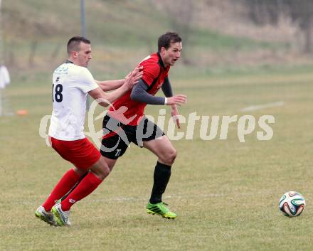 Fussball. Kaerntner Liga. Maria Saal gegen FC Alpe Adria. Rok Smid (Maria Saal), Miroslav Grbic (Alpe Adria). Maria Saal, 4.4.2015.
Foto: Kuess
---
pressefotos, pressefotografie, kuess, qs, qspictures, sport, bild, bilder, bilddatenbank