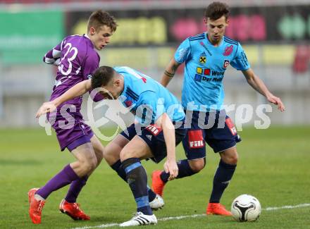 Fussball Regionalliga. SK Austria Klagenfurt gegen Gurten. Patrik Eler, (Klagenfurt), Thomas Reitzer  (Gurten). Klagenfurt,  4.4.2015.
Foto: Kuess
---
pressefotos, pressefotografie, kuess, qs, qspictures, sport, bild, bilder, bilddatenbank