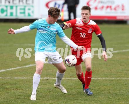 Fussball Unterliga Ost. KAC 1909 gegen St. Margarethen/Lavantal.  Bernhard Karre, (KAC), Dorian Robert Melcher  (St. Margarethen). Klagenfurt, am 4.4.2015.
Foto: Kuess
---
pressefotos, pressefotografie, kuess, qs, qspictures, sport, bild, bilder, bilddatenbank