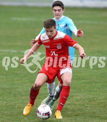 Fussball Unterliga Ost. KAC 1909 gegen St. Margarethen/Lavantal. Lukas Lausegger, (KAC), Dorian Baumgartner  (St. Margarethen). Klagenfurt, am 4.4.2015.
Foto: Kuess
---
pressefotos, pressefotografie, kuess, qs, qspictures, sport, bild, bilder, bilddatenbank