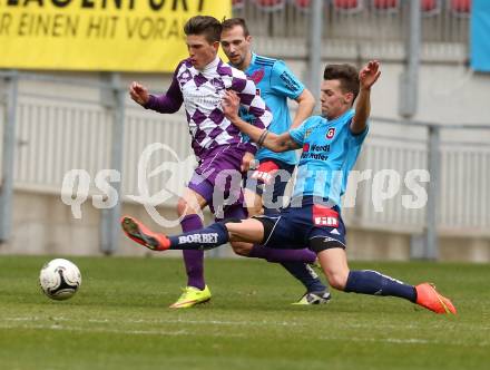 Fussball Regionalliga. SK Austria Klagenfurt gegen Gurten. Dominik Kirschner,  (Klagenfurt), Simon Schnaitter (Gurten). Klagenfurt,  4.4.2015.
Foto: Kuess
---
pressefotos, pressefotografie, kuess, qs, qspictures, sport, bild, bilder, bilddatenbank