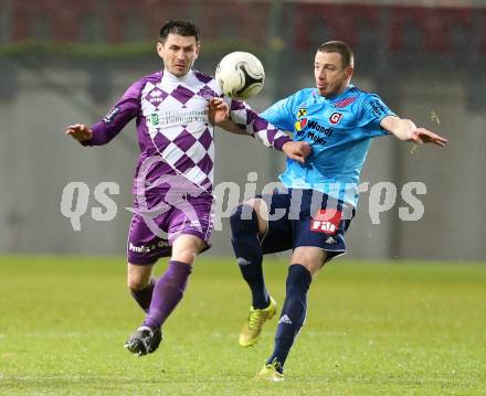 Fussball Regionalliga. SK Austria Klagenfurt gegen Gurten. Mirnes Becirovic (Klagenfurt), Peter Ocovan   (Gurten). Klagenfurt,  4.4.2015.
Foto: Kuess
---
pressefotos, pressefotografie, kuess, qs, qspictures, sport, bild, bilder, bilddatenbank