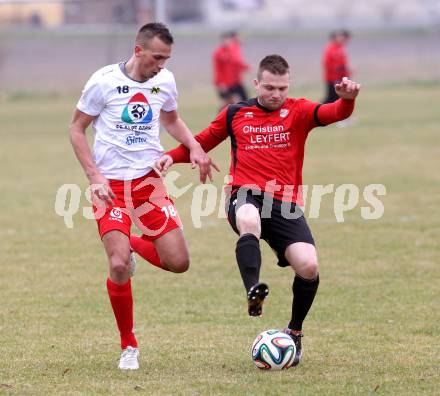 Fussball. Kaerntner Liga. Maria Saal gegen FC Alpe Adria. Zoran Jorgic (Maria Saal), Miroslav Grbic (Alpe Adria). Maria Saal, 4.4.2015.
Foto: Kuess
---
pressefotos, pressefotografie, kuess, qs, qspictures, sport, bild, bilder, bilddatenbank