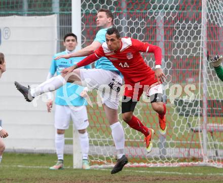 Fussball Unterliga Ost. KAC 1909 gegen St. Margarethen/Lavantal. Amanuel Andreas Porcar,  (KAC), Alexander Brunner (St. Margarethen). Klagenfurt, am 4.4.2015.
Foto: Kuess
---
pressefotos, pressefotografie, kuess, qs, qspictures, sport, bild, bilder, bilddatenbank