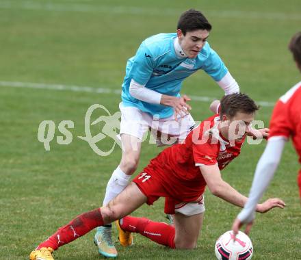 Fussball Unterliga Ost. KAC 1909 gegen St. Margarethen/Lavantal. Lukas Lausegger, (KAC), Dorian Baumgartner  (St. Margarethen). Klagenfurt, am 4.4.2015.
Foto: Kuess
---
pressefotos, pressefotografie, kuess, qs, qspictures, sport, bild, bilder, bilddatenbank