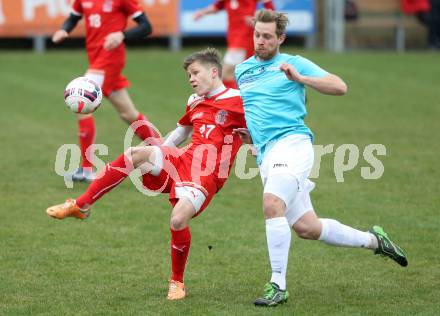 Fussball Unterliga Ost. KAC 1909 gegen St. Margarethen/Lavantal. Florian Richard Peterl, (KAC), Daniel Schlacher  (St. Margarethen). Klagenfurt, am 4.4.2015.
Foto: Kuess
---
pressefotos, pressefotografie, kuess, qs, qspictures, sport, bild, bilder, bilddatenbank